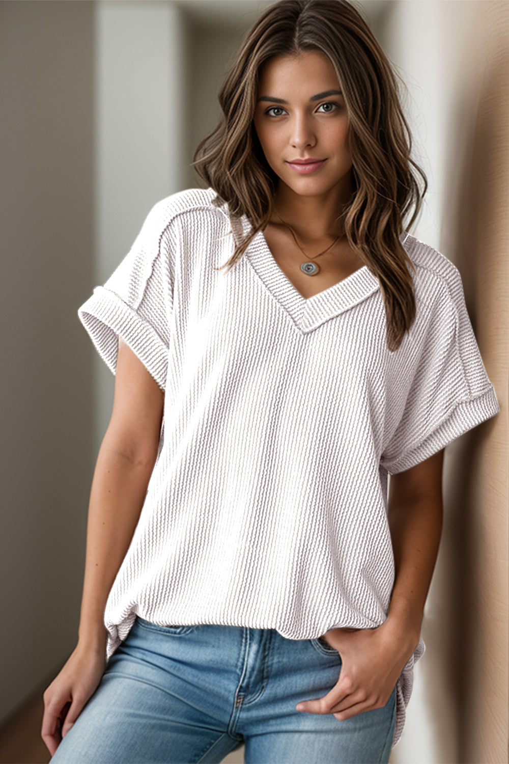 Textured V-Neck Short Sleeve Top White