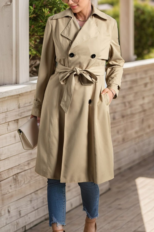 Collared Neck Tie Waist Buttoned Long Sleeve Trench Coat Dust Storm