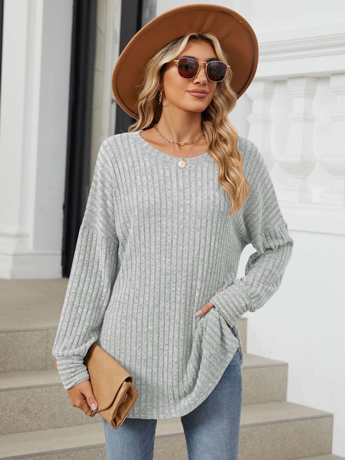 Ribbed Round Neck Long Sleeve T-Shirt Light Gray