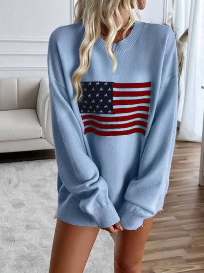 Devine US Flag Round Neck Long Sleeve Knit Top Light Blue