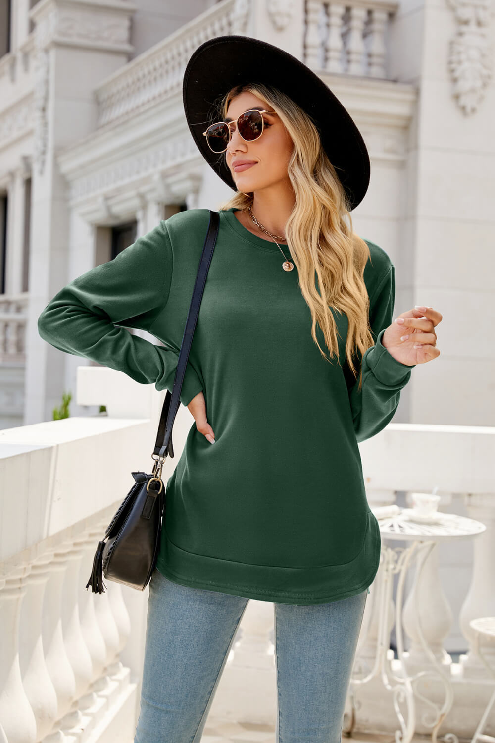 Round Neck Slit Tunic Top