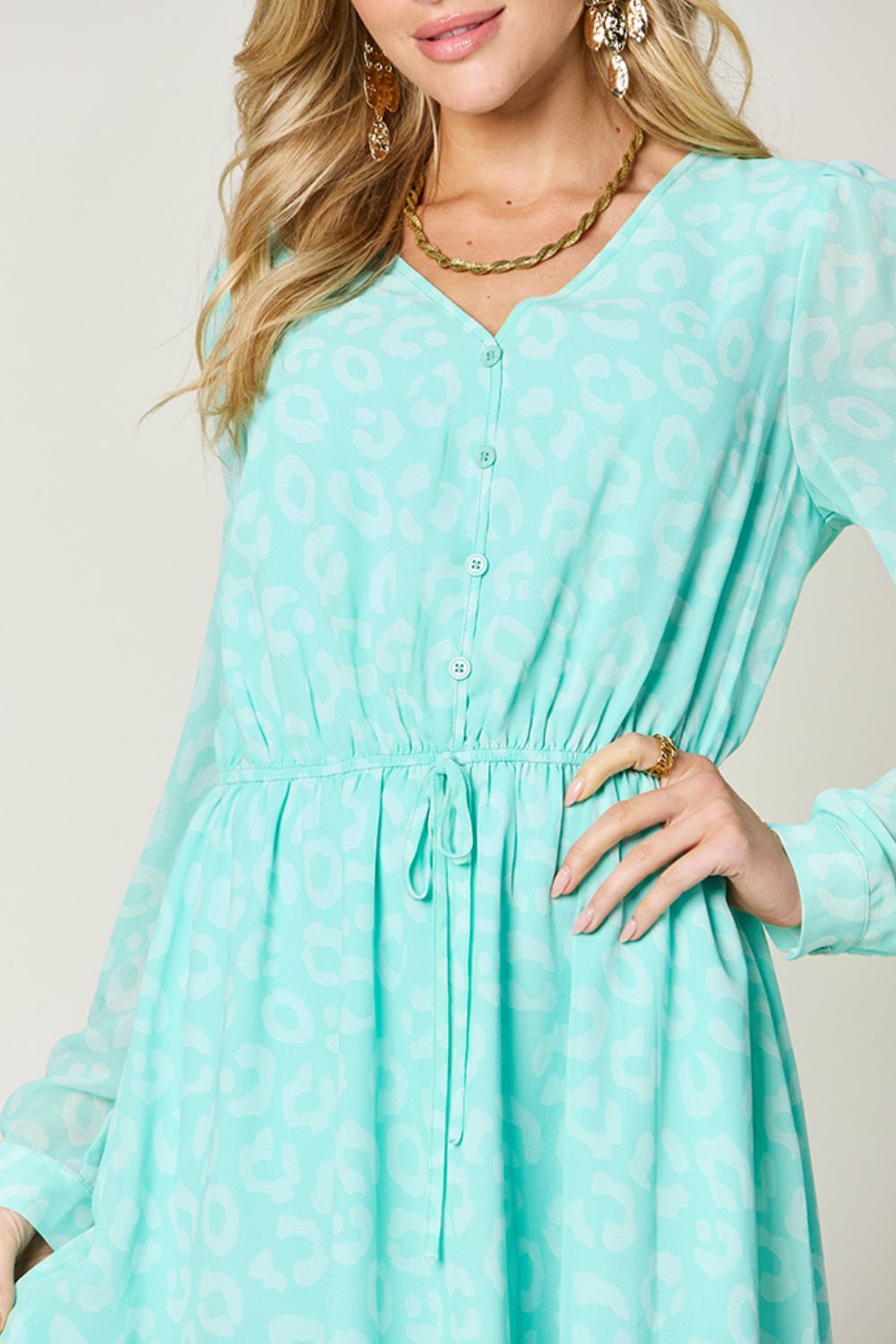 Printed Ruched V-Neck Long Sleeve Dress