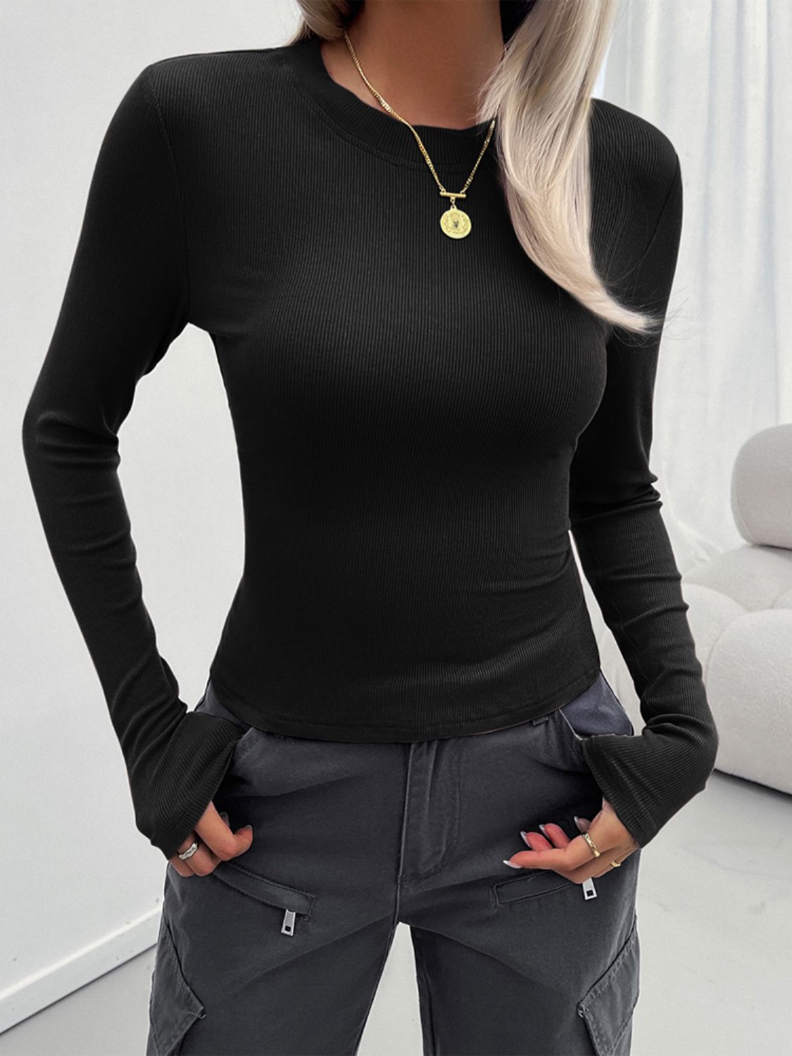 Stretchy Long Sleeve Crewneck Tee