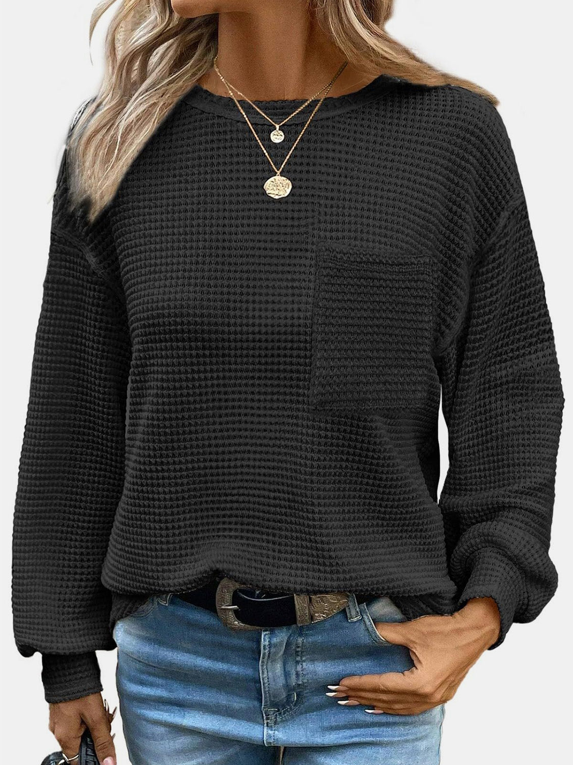 Mandy Round Neck Long Sleeve T-Shirt Black