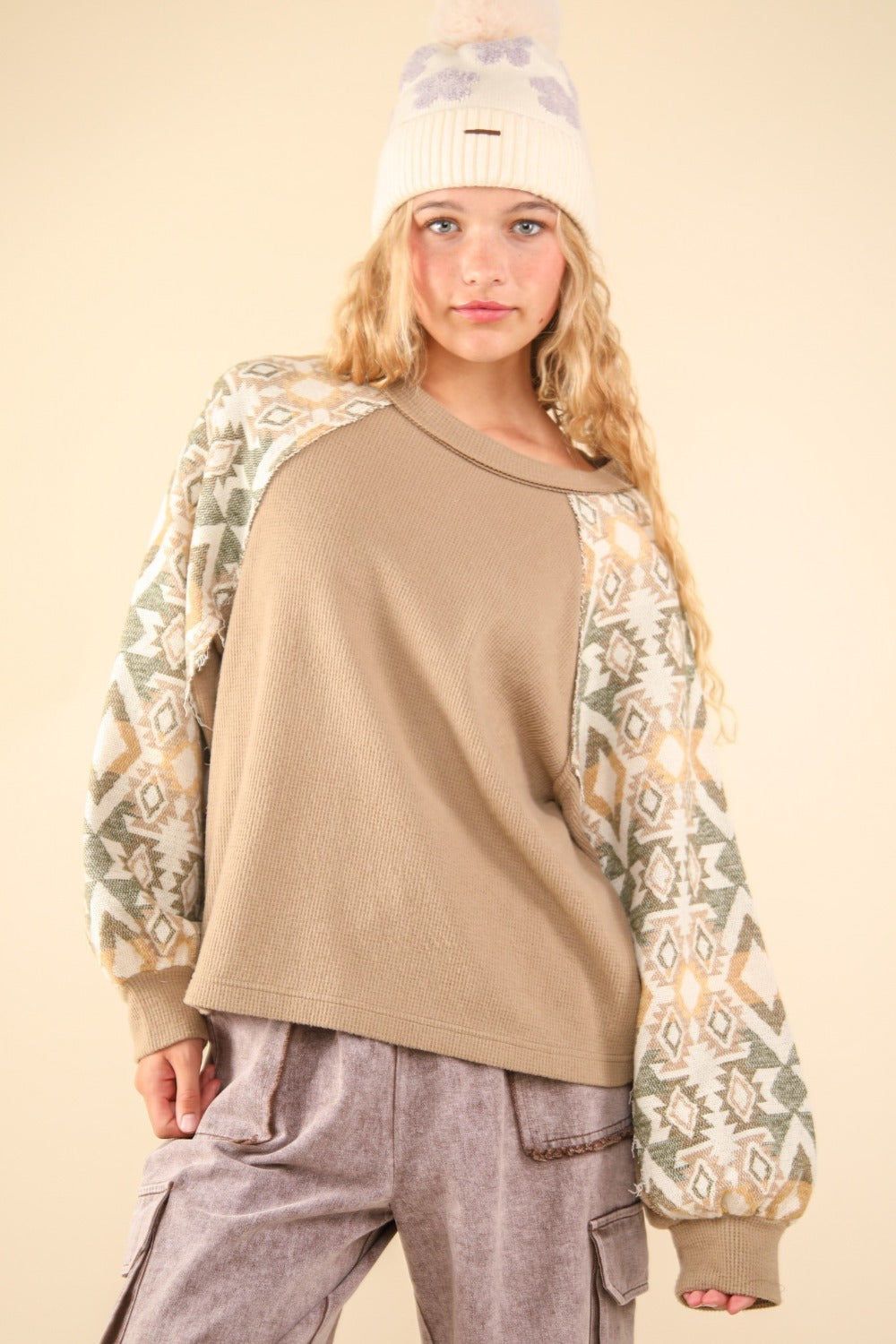 VERY J Printed Long Sleeve Round Neck Knit Top Taupe