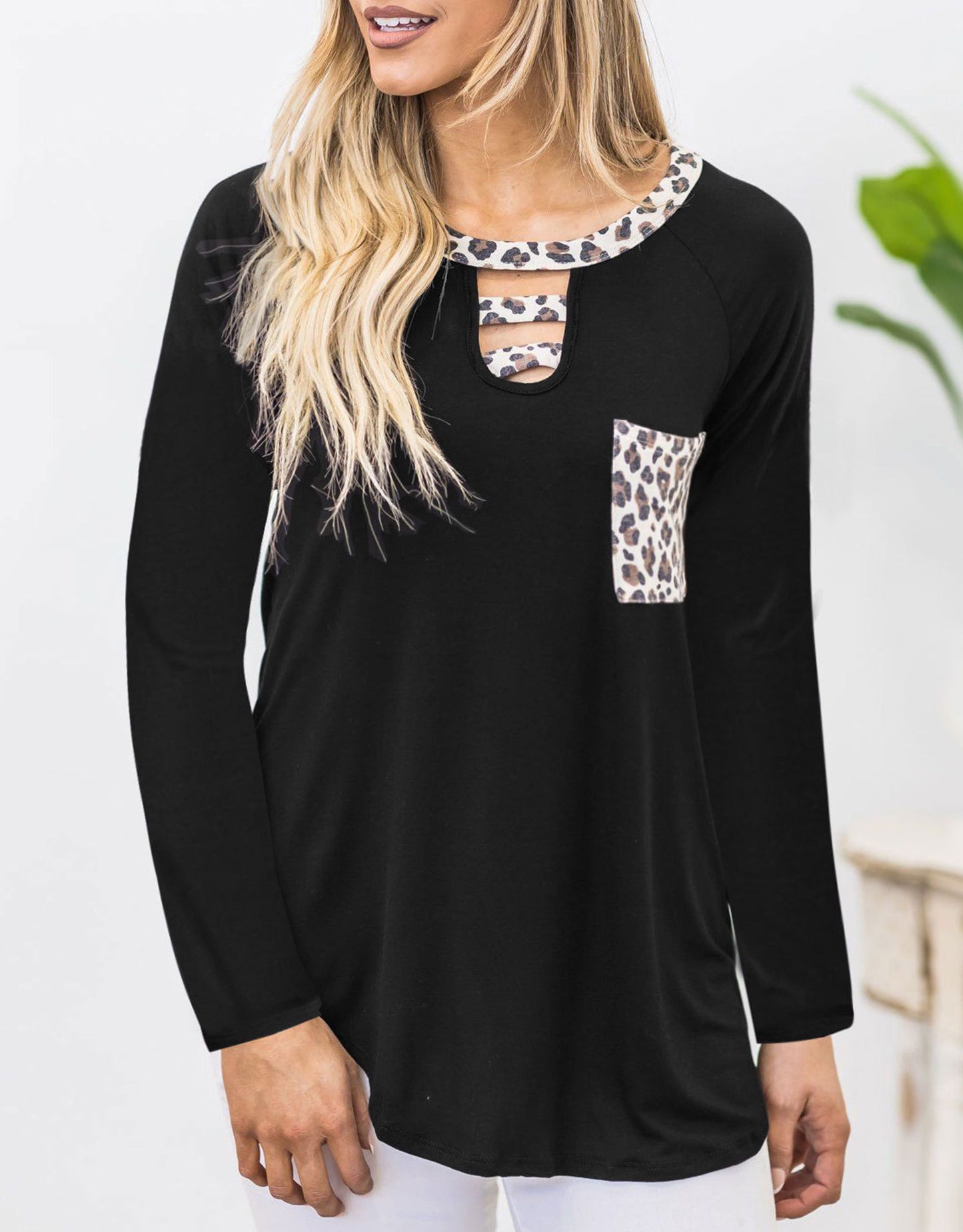 Cutout Leopard Round Neck Long Sleeve T-Shirt Black