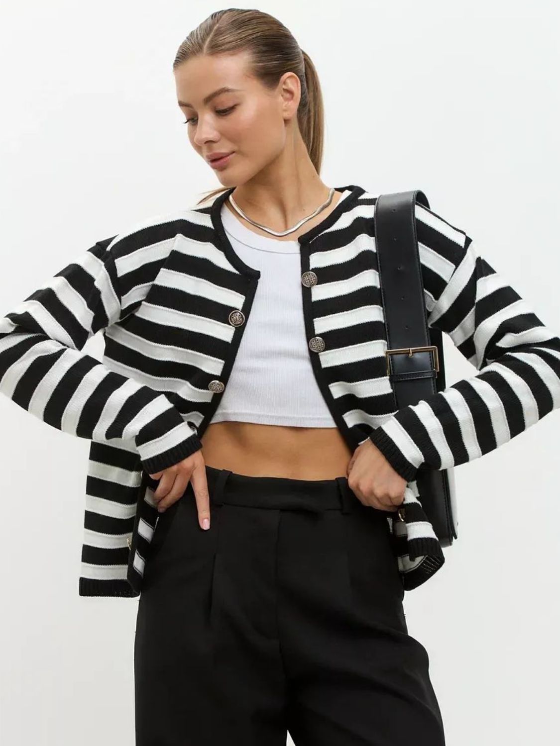 Striped Dropped Shoulder Long Sleeve Cardigan Black