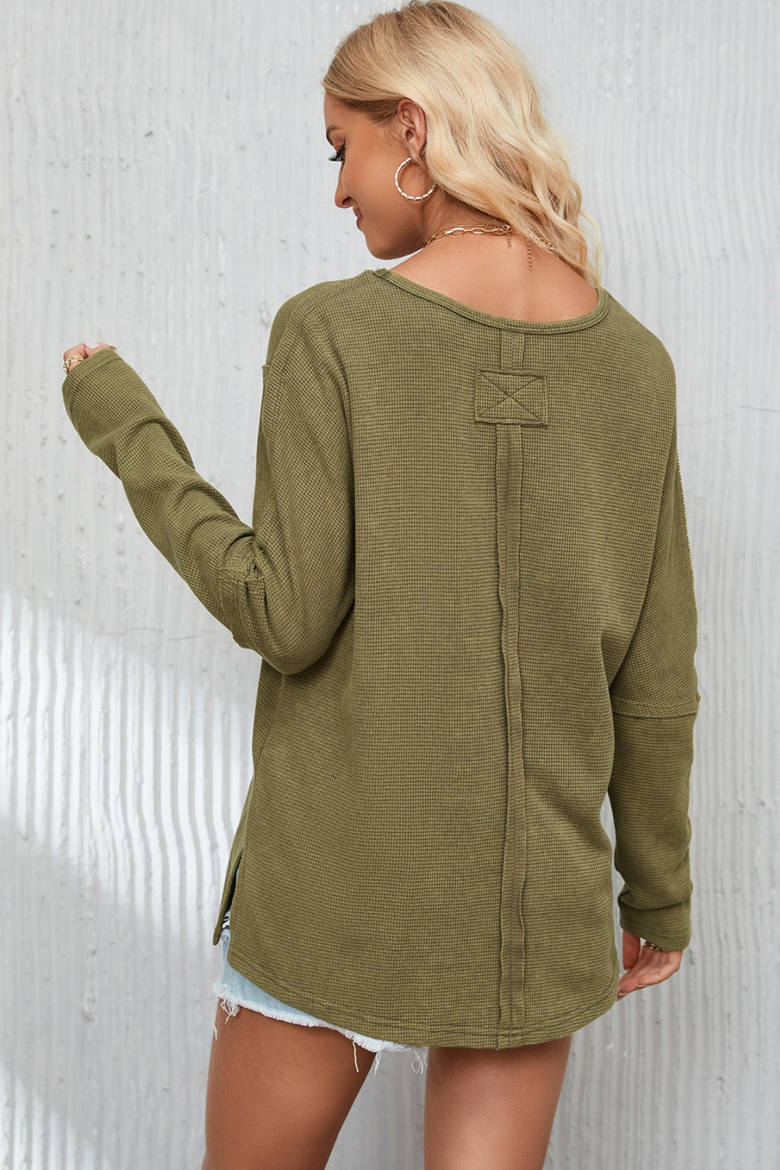 Mineral Washed Exposed Seam Round Neck Long Sleeve Blouse