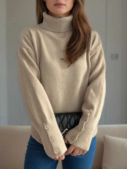 Front Slit Decorative Button Turtleneck Sweater Khaki One Size