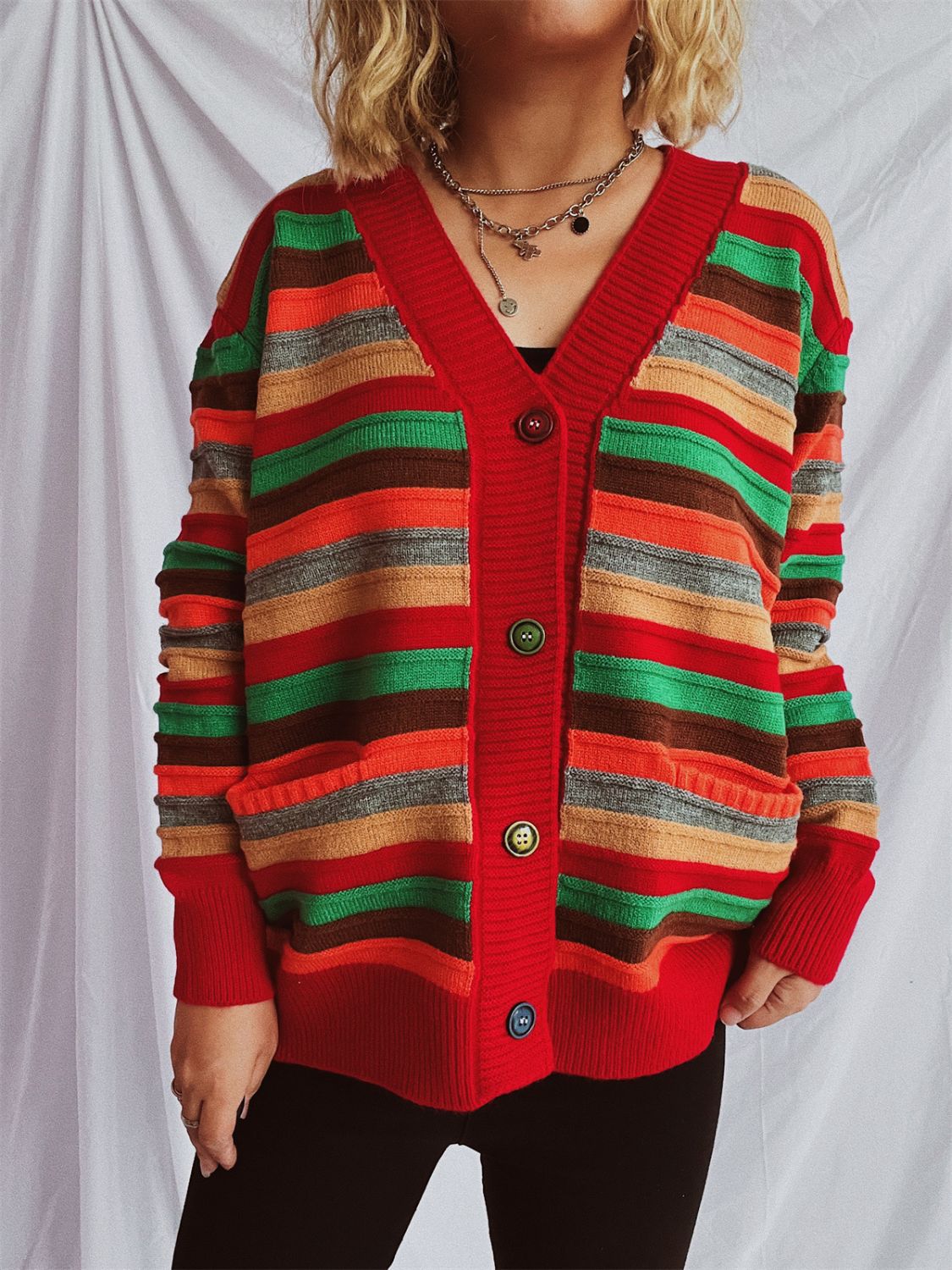 Contrast Stripes Button Up Long Sleeve Cardigan Deep Red One Size