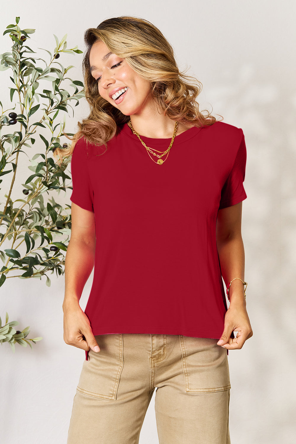 Soft Rayon Crewneck Tee with Short Sleeves Deep Red