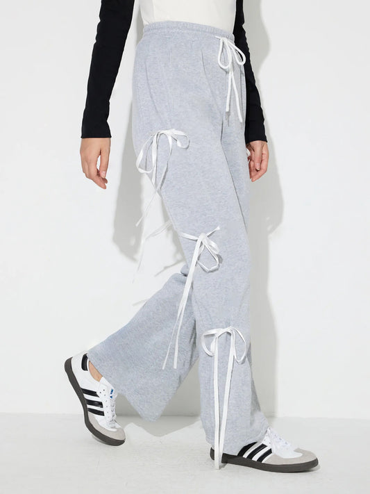 Drawstring Bow Pants Light Gray