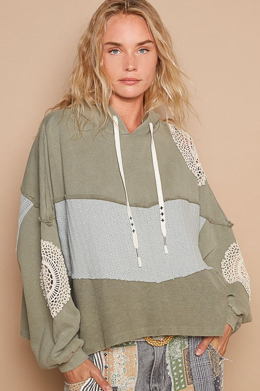 POL Openwork Contrast Dropped Shoulder Hoodie Sage