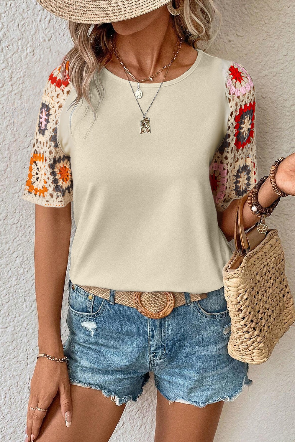 Geometric Print Round Neck Blouse Ivory