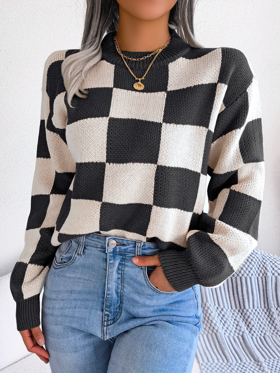 Checkered Mock Neck Long Sleeve Sweater Black