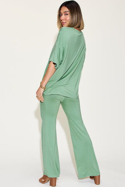 Comfy Bamboo Drop Shoulder Tee & Flare Pants Set