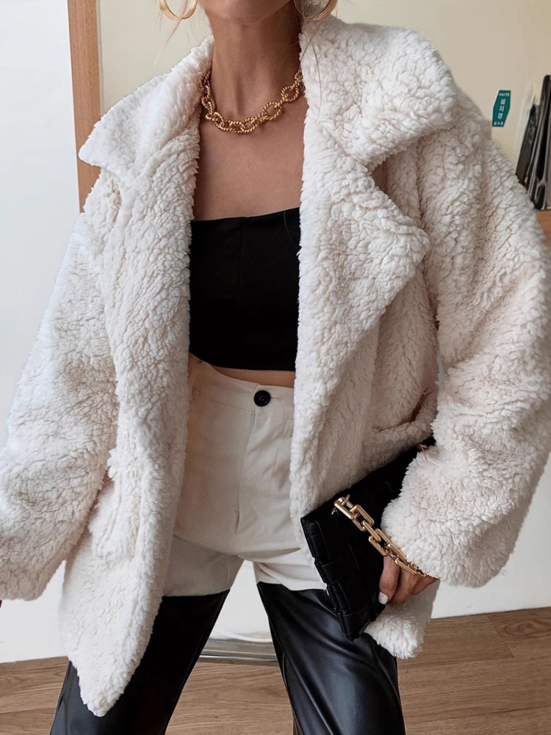 Fuzzy Open Front Long Sleeve Coat Cream