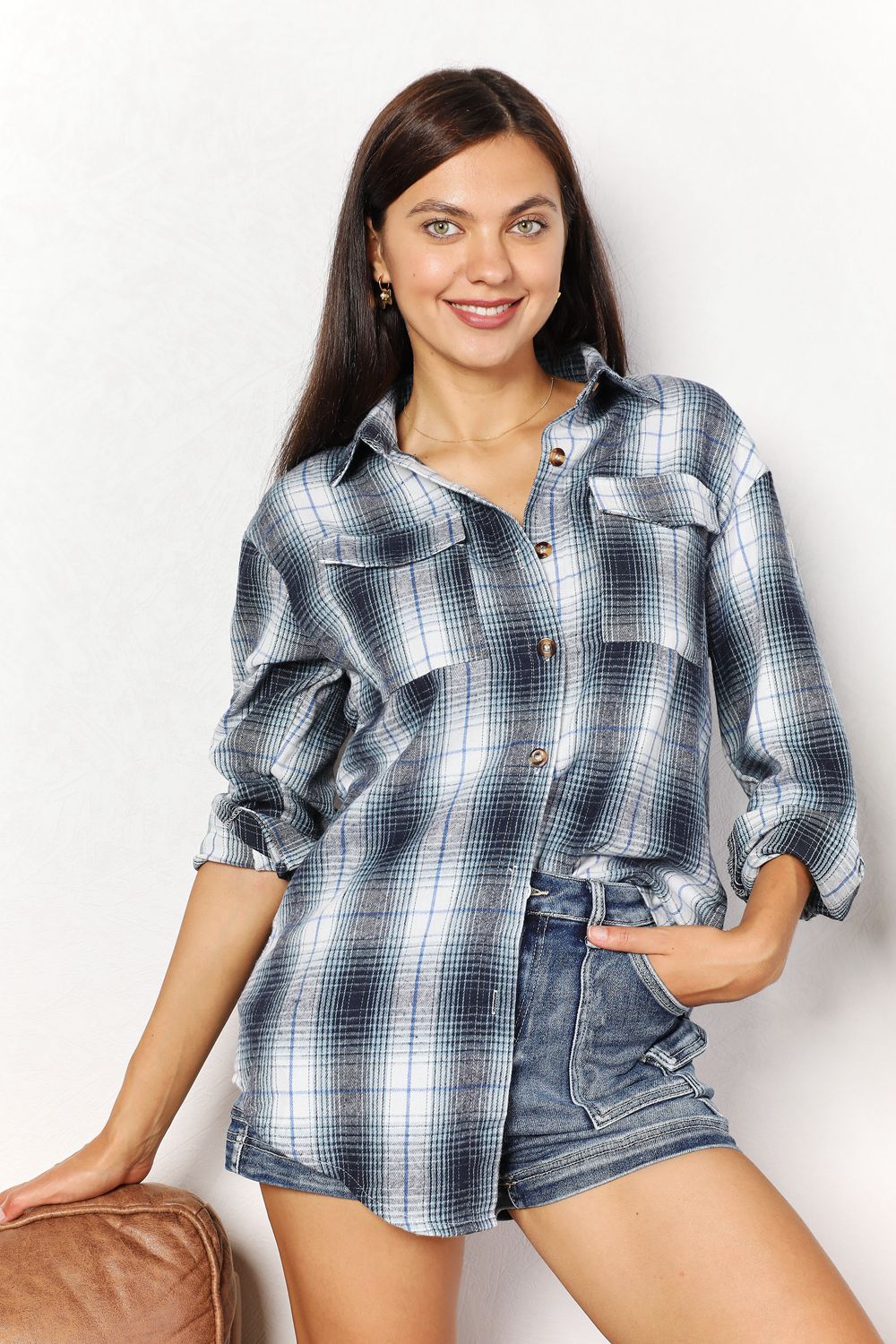 Oversized Plaid Shirt Women Sky Blue