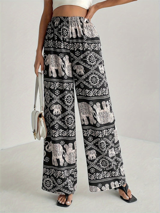 Printed Wide Leg Elastic Waist Pants Black