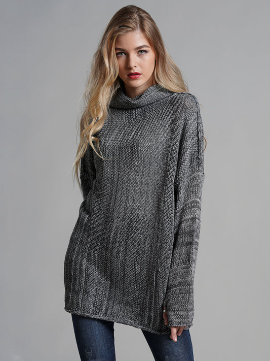 Turtleneck Dropped Shoulder Long Sleeve Sweater Dark Gray