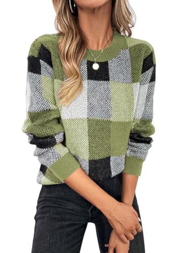 Orange and White Checkered Sweater - GORGLITTER Womens Argyle Checkered Sweater Plaid Long Sleeve Fall Knit Sweater Pullover Tops Army Green