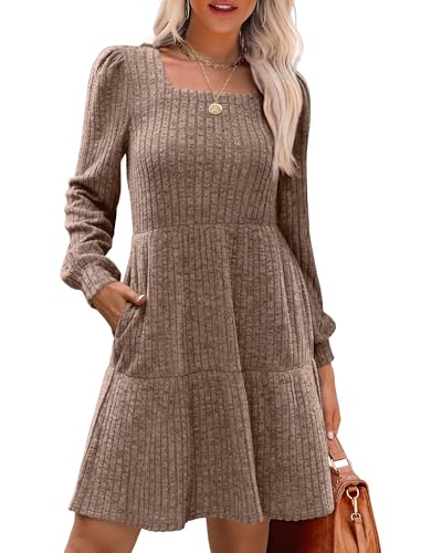 Christmas Green Dress - SAMPEEL Womens Square Neck Long Sleeve Fall Dresses Casual Babydoll Sweater Dress Coffee