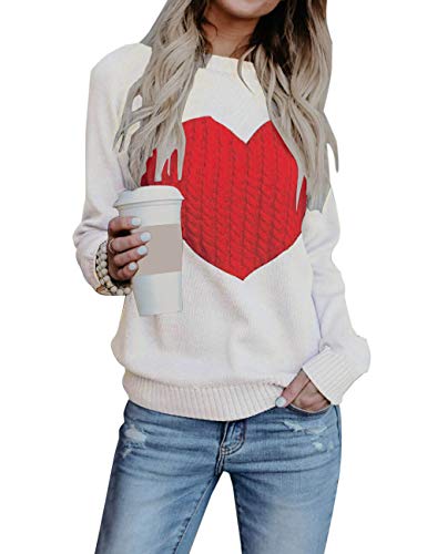 Heart Shirt - shermie Womens Pullover Sweaters Long Sleeve Crew Neck Cute Heart Knitted Casual Sweater A White