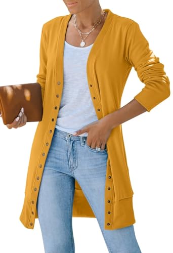 Yellow Cardigan - MEROKEETY Womens 2024 Fall Long Sleeve Snap Button Down Solid Color Knit Ribbed Neckline Cardigans