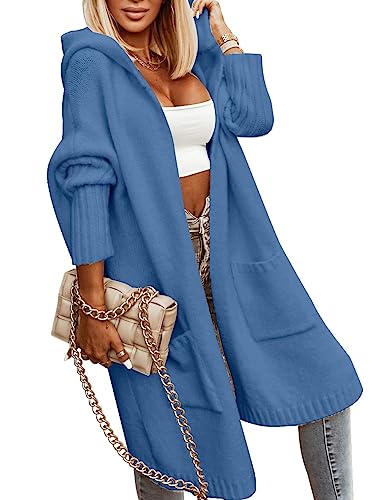 Blue Coat - Aoysky Womens Long Cardigans Cable Knitted Open Front Oversized Hooded Outerwear Sweater Coat Blue Grey