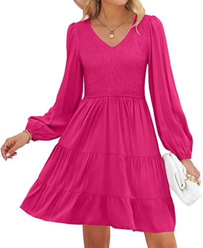 ZESICA Womens Casual V Neck Long Sleeve Smocked High Waist Ruffle A Line Tiered Mini Dress Rose