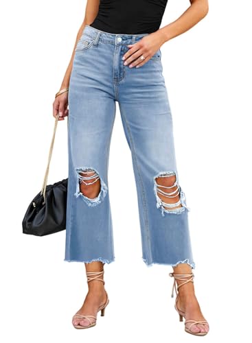 Rfm Jeans - LOLONG High Waisted Ripped Flare Jeans for Women Casual Distressed Pants Medium Blue