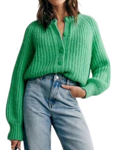 Bianstore Womens Casual Long Sleeve Crewneck Button Down Cardigan Sweater Knit Outwear Green