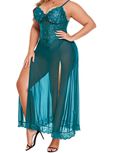 Valentine's Day - Plus Size Lingerie For Women Babydoll Sexy Mesh Maxi Nightdress Strappy Exotic Sleepwear Side Slits Blue Green