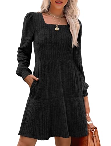 Christmas Green Dress - SAMPEEL Womens Square Neck Long Sleeve Fall Dresses Casual Babydoll Sweater Dress Black