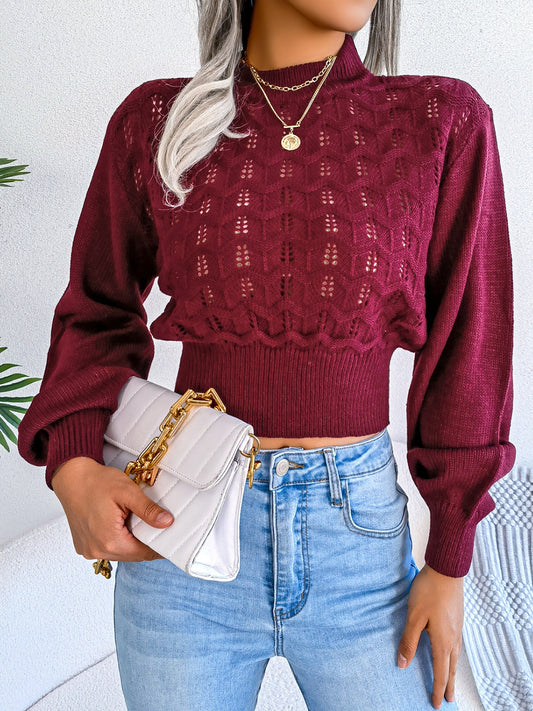 Openwork Mock Neck Long Sleeve Cropped Sweater Burgundy