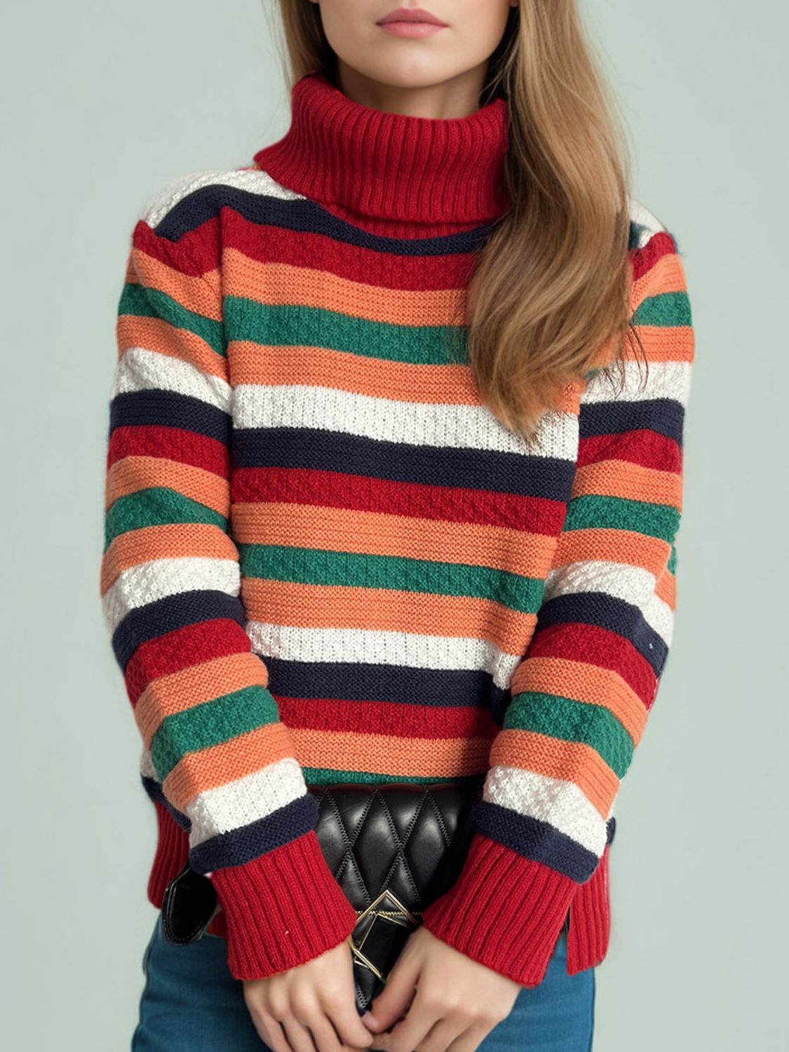 Contrast Stripes Turtleneck Long Sleeve Sweater Deep Red One Size