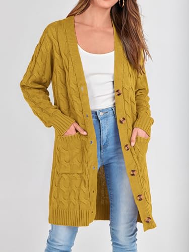 Yellow Cardigan - PRETTYGARDEN Long Sleeve Cable Knit Long Cardigan for Women 2024 Fall Winter Chunky Open Front Button Sweaters with Pockets