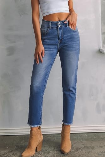 Rfm Jeans - Sidefeel Womens High Waisted Jeans Strechy Raw Hem Straight Leg Denim Pants with Pockets