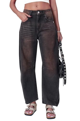 Rfm Jeans - Mid Rise Barrel Jeans for Women Wide Leg Mid Waist Cropped Denim Pants Y2k Baggy Boyfriend Jeans with Pockets Reddish Brown