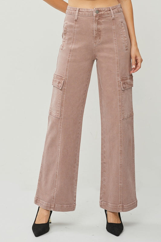 RISEN Full Size High Rise Wide Leg Cargo Jeans Mauve