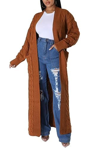 Long Sweaters for Women Cardigan Open Front Long Sleeve Plus Size Chunky Cable Knit Duster Cardigans with Pockets Winter Coat Brown-1