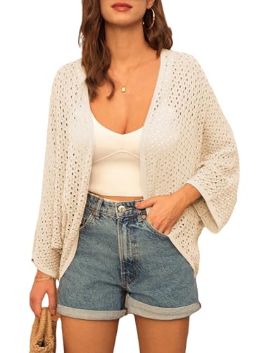 GRACE KARIN Open Front 34 Sleeve Batwing Cardigan for Women Lightweight Crochet Summer Cardigan HollowOut Cover Ups Light Apricot