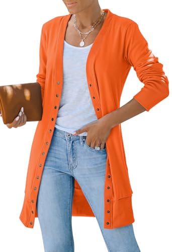 Yellow Cardigan - MEROKEETY Womens 2024 Fall Long Sleeve Snap Button Down Solid Color Knit Ribbed Neckline Cardigans Orange