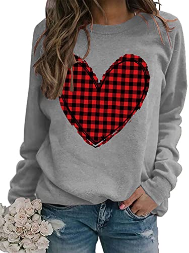 Heart Shirt - Valentines Day Crewneck Pullover Shirts Women Long Sleeve Love Heart Sweatshirts Graphic Lover Gift Mothers Day 01 Grey Plaid Heart