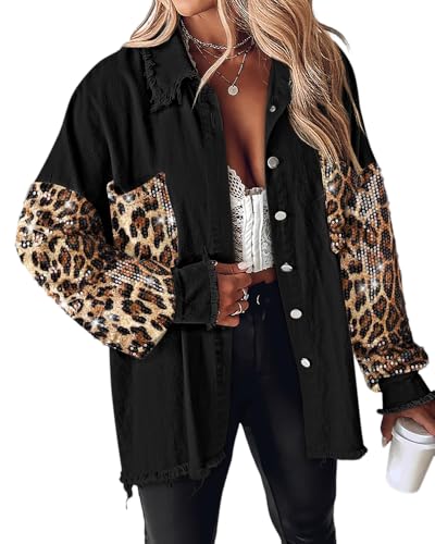 Leopard Print Denim Jacket - CHICME BEST SHOPPING DEALS Womens Jacket Sequin Patchwork Long Sleeve Jacket Top Button Front Oversized Denim Shacket