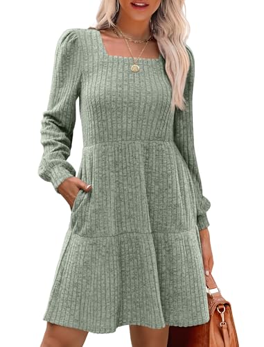 Christmas Green Dress - SAMPEEL Womens Square Neck Long Sleeve Fall Dresses Casual Babydoll Sweater Dress Cream Green