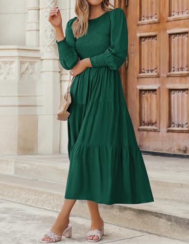 Christmas Green Dress - ZESICA Womens 2024 Casual Long Sleeve Crew Neck High Waist Smocked Flowy Tiered Midi Dress