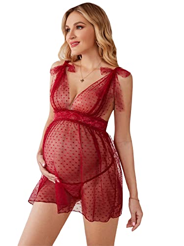 Valentine's Day - SOLY HUX Women's Maternity Polka Dots Deep V Neck Mesh Babydoll Nightgown with Thong 2 Piece Lingerie Set