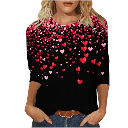 Valentines Day Shirts for Women Aesthetic Cute Love Heart Print TShirt 34 Length Sleeve Tunic Tops Cotton Pullovers 2#black