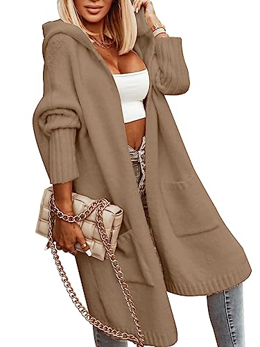 Blue Coat - Aoysky Womens Long Cardigans Cable Knitted Open Front Oversized Hooded Outerwear Sweater Coat Khaki